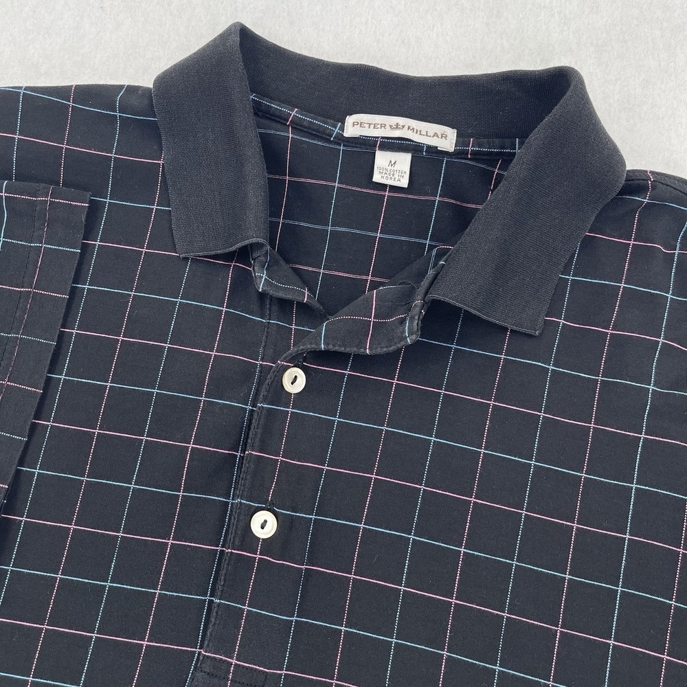 Vintage Peter Millar Polo Shirt Mens M Black Checks Short Sleeve Preppy Golf